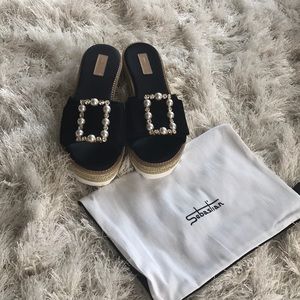 NEW Sebastian Gemstone Pearl Buckle Suede Platform